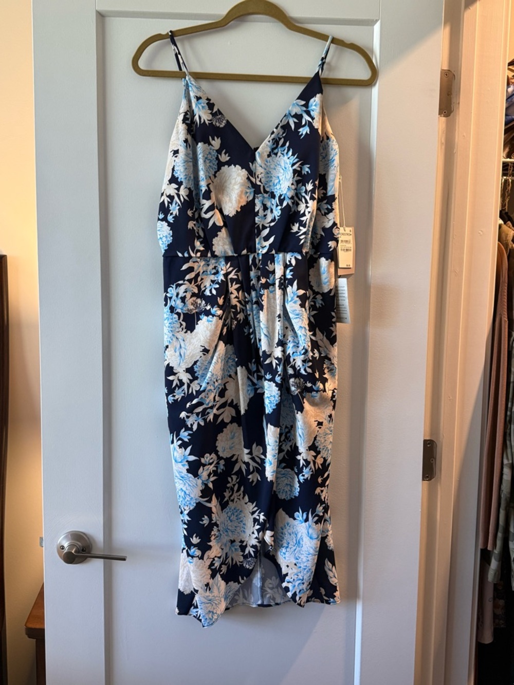 Chelsea28 Navy Floral Wrap Mini Dress with White and Light Blue Blooms